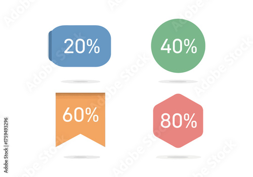 Four colorful percentage icons blue 20 green 40 orange 60 and coral 80 each with a subtle shadow beneath