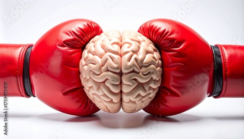 Red boxing gloves positioned on either side of human brain model. Symbolic composition evokes tension between physical force and mental strength, relevant to neuroscience, psychology, and sports medic