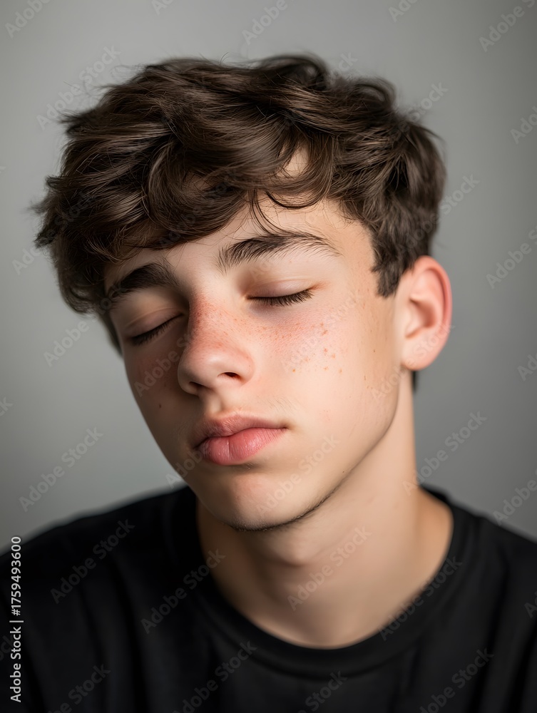 Fototapeta premium Young man with closed eyes, relaxed expression, capturing a moment of peace and contemplation