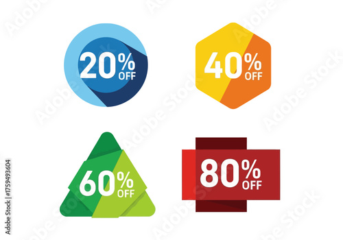Four discount labels 20 40 60 80 off each in different shapes and color themes