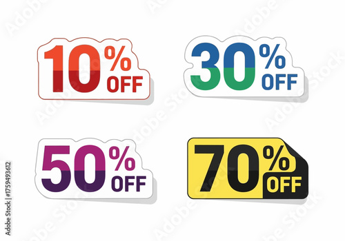 Four discount stickers 10 30 50  70 each with unique color schemes and shapes