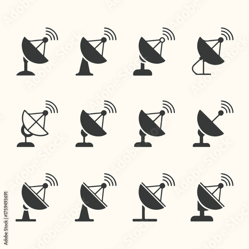 Vector art of collection of satellite dish icons representing communication, broadcasting, and technology