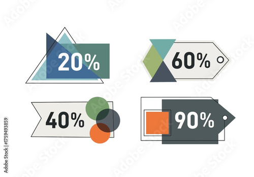Four discount tags showcase percentage rates of 20 60 40 and 90 each adorned with geometric shapes in varied hues