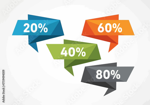 Four folded geometric shapes displaying percentages in white numerals 20 40 60 and 80