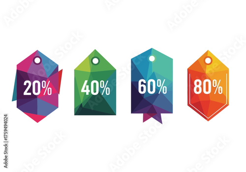 Four geometric polygonal price tags offer discounts 20 40 60  80