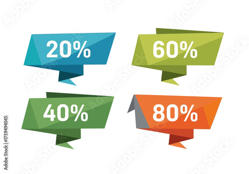 Four geometric price tags each a different color showing 20 40 60 and 80 discounts