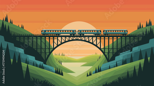 A train crossing a bridge at sunset over a valley with trees and hills in a stylized illustration
