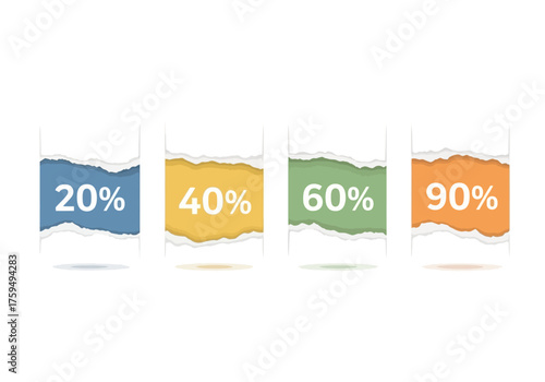 Four ripped paper strips display percentages 20 40 60 and 90 each with distinct color fill