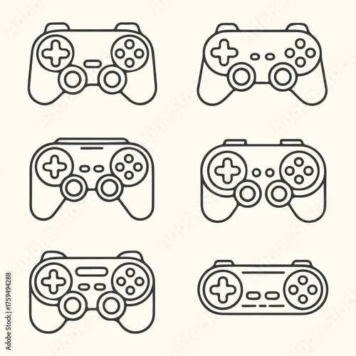 Vector art of set of six video game controllers in outline style, isolated on a light background