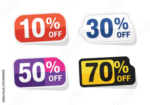 Four sale stickers feature discounts 10 30 50 and 70 off The stickers are different colors and shapes