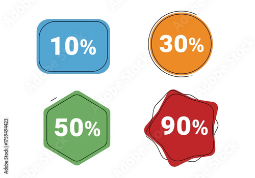 Four sale tags with percentages 10 30 50 and 90 each in a different shape and color against a white background