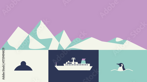 A stylized illustration of antarctica with mountains ship and penguin in a color block design style