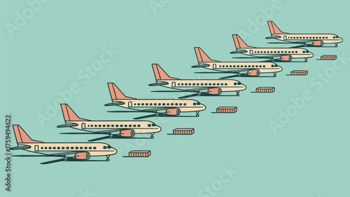 Illustration showing a row of airplanes with pink tails and brown rectangular blocks on a blue background