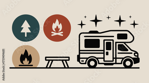 A camping scene with rv, picnic table, tree, campfire and fire icons with star sparkles above the rv