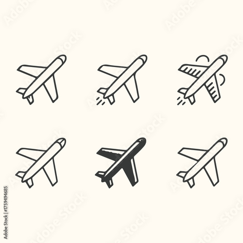 Vector art of collection of six airplane icons in various styles, including simple line drawings and a solid black silhouette, on a cream background