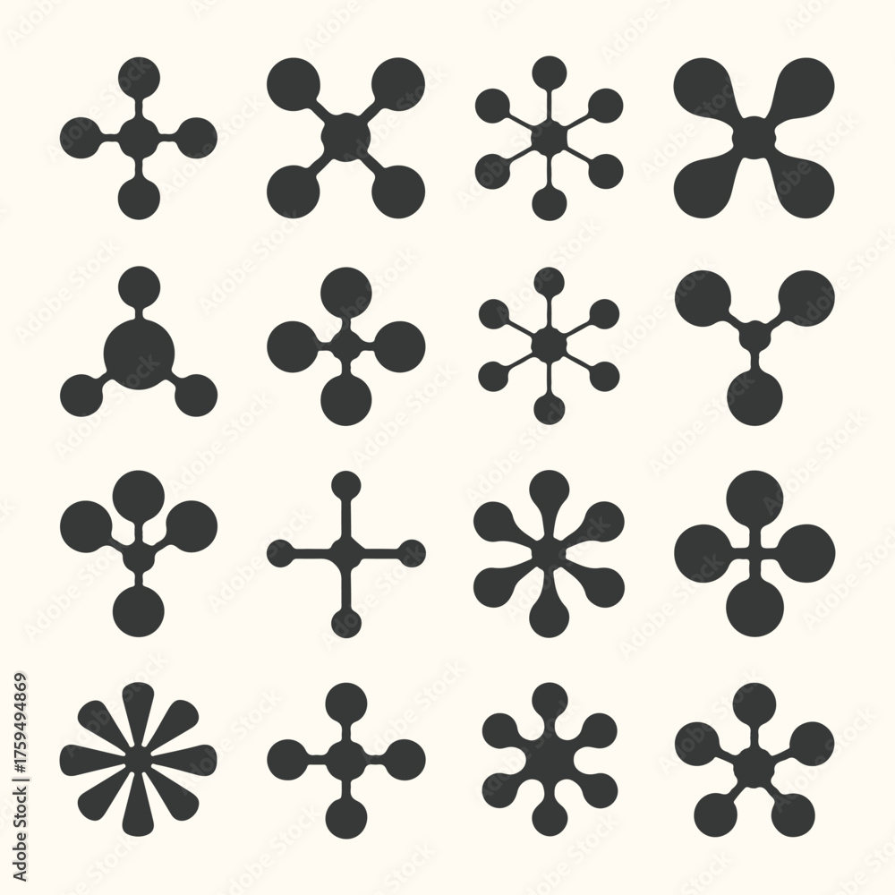 Fototapeta premium Vector art of a collection of abstract, stylized molecular or atomic symbols in black on a light cream background