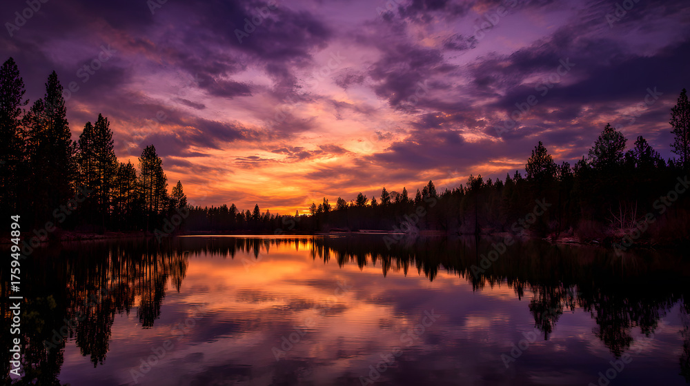Fototapeta premium Lake reflecting sunset with orange and purple sky