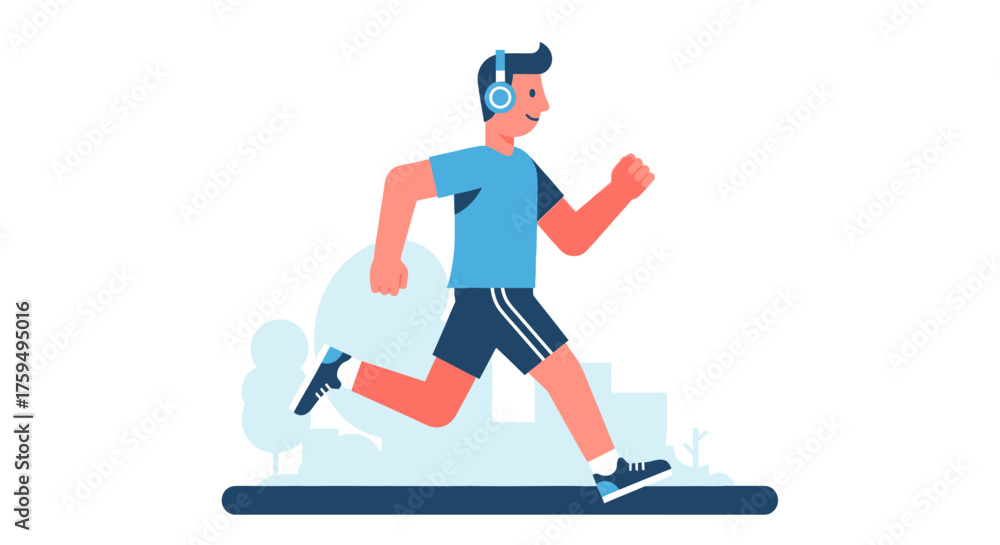 Obraz premium Animated illustration of a man running while listening to music using headphones.