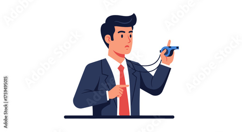 Man in suit holds a whistle, pointing with his other hand, against a white background.