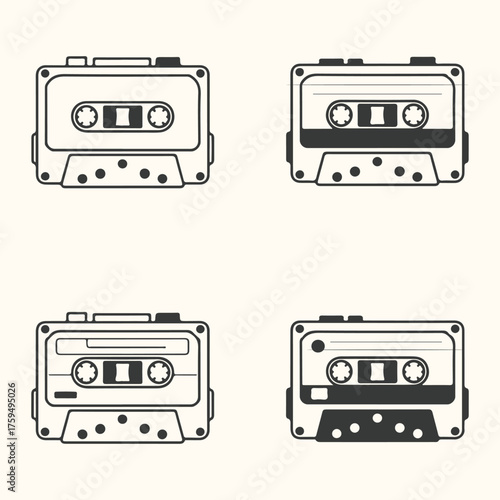 Vector art of four vintage cassette tapes in a grid, a retro audio storage medium