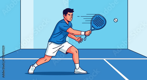 A man in a blue shirt and white shorts plays padel, swinging his racket to hit the ball against a blue wall.