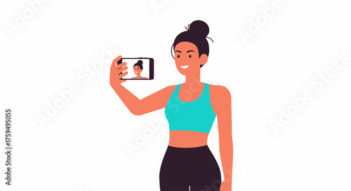 Woman in sportswear takes a selfie with her phone, smiling against a white background.