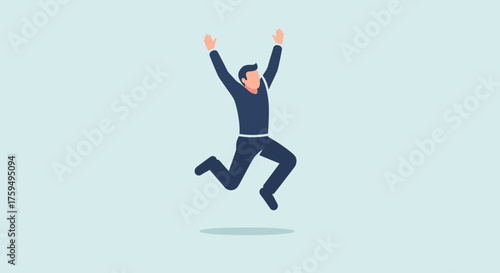 An animated man jumps with arms raised, expressing joy and excitement against a light blue background.