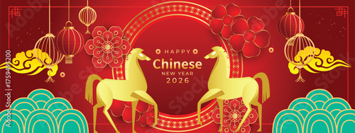 Happy chinese new year 2026 year of the horse vector illustration background. Gold horse zodiac, lanterns, and pattern cloud on red banner.