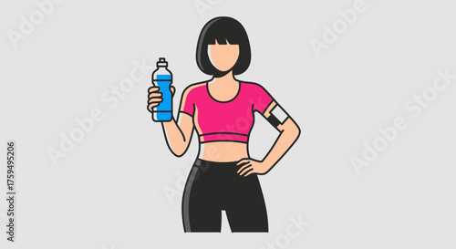 Illustration of a woman in workout clothes holding a water bottle, standing with hand on hip, against a light grey background.