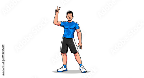 Cartoon illustration of a man in athletic attire making a peace sign with his hand, standing against a white background.