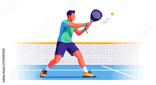 A man in sportswear is playing padel tennis, hitting a yellow ball with a black racket over a net on a blue court.