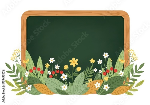 Floral decorative school chalkboard with colorful leaves and flowers illustration