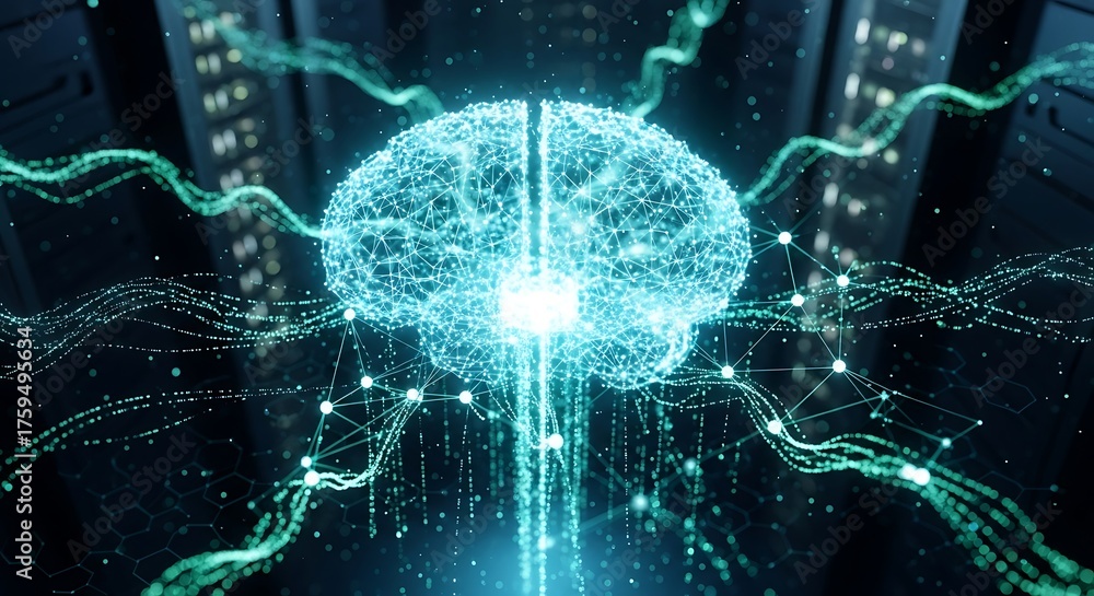 Obraz premium Digital neural network pulsating with complex algorithms and data transfer in a server farm environment