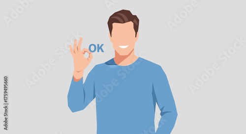 Faceless man in blue sweater gives an "OK" hand gesture with a subtle smile on a light gray background.