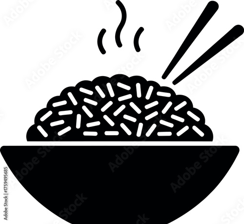 Black silhouette of steaming rice with chopsticks bowl
