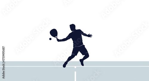 Silhouette of a tennis player mid-swing, hitting a ball on court.