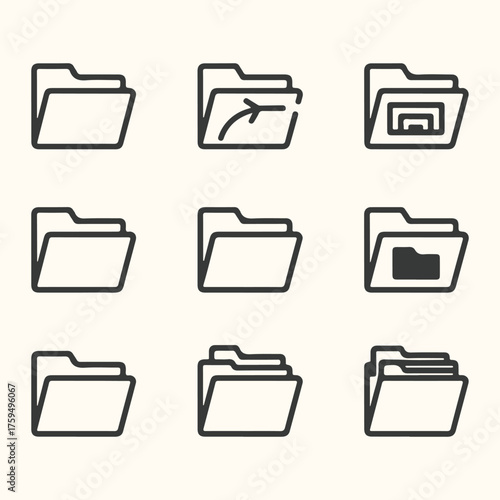 Vector art of collection of nine folder icons in a grid, representing different file management and organization concepts