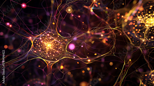 Robotic neural field glowing gold and magenta surrounding futuristic AI visualization  