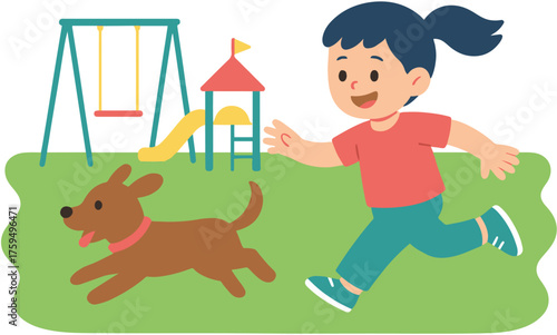 Happy girl playing with dog at playground vector illustration, child running with pet near swing and slide, outdoor fun and friendship concept