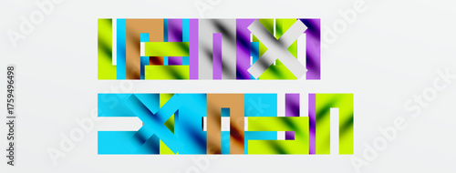Abstract colorful blocks form words. Text appears fragmented, layered, vibrant. Minimalist design, clean background.