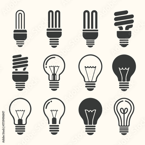 Vector art of collection of various light bulb icons representing different types of illumination and energy efficiency