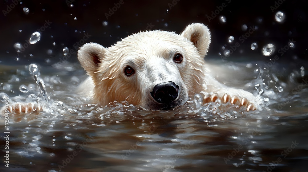 Fototapeta premium Polar bear swimming in dark water with water droplets splashing around, close up portrait showing head and paws during summer hunt in arctic wilderness.