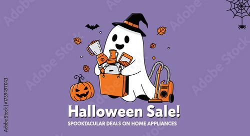 Happy cartoon ghost in a witch hat with home appliances and shopping bag for a Halloween sale promotion Spooktacular deals