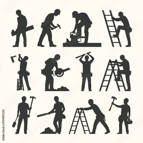 Vector art of collection of construction worker silhouettes performing various tasks like hammering, sawing, and climbing ladders