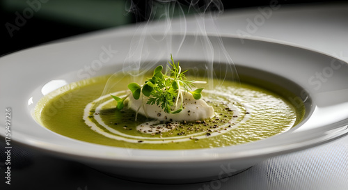 Gourmet Green Soup, Artfully Plated, Enhanced With Cream, Garnished, and Steaming