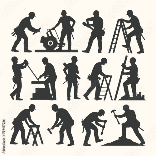 Vector art of collection of silhouette icons representing construction workers and tradespeople performing various tasks, isolated on a light background