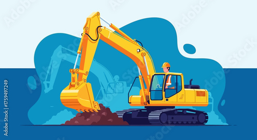 Yellow excavator with operator digging dirt Heavy machinery for construction earthworks and industry