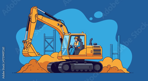 Heavy excavator and operator on a construction site moving dirt Industry building development
