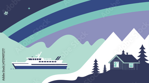 Illustration of a ferry boat near mountains and a cabin under the northern lights at night time scene