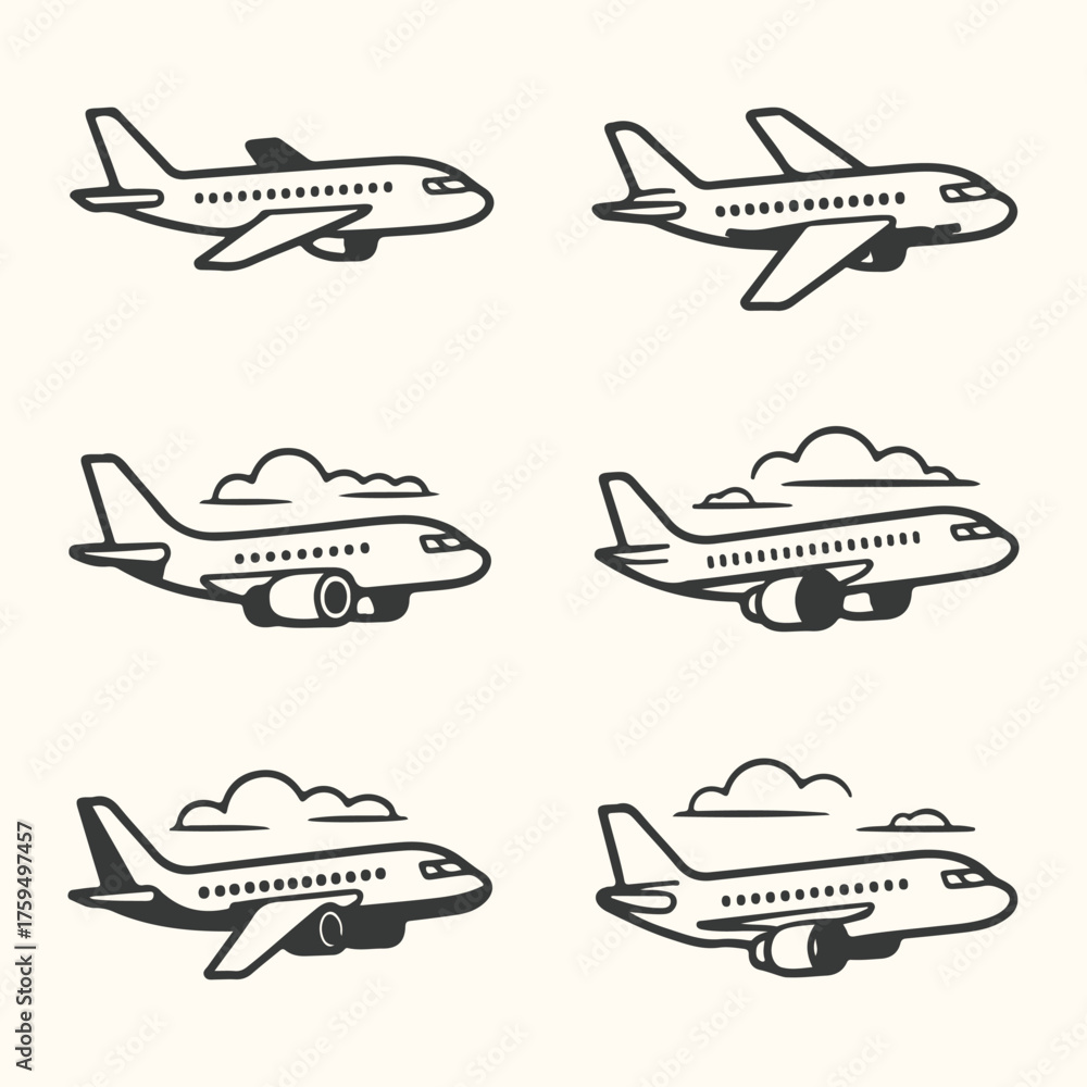 Fototapeta premium Vector art of collection of six stylized airplane icons, some with clouds, in a simple line art style